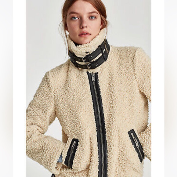 Zara Jackets & Blazers - Zara Shearling Faux Fur Jacket / Coat with High Collar in Dark Beige